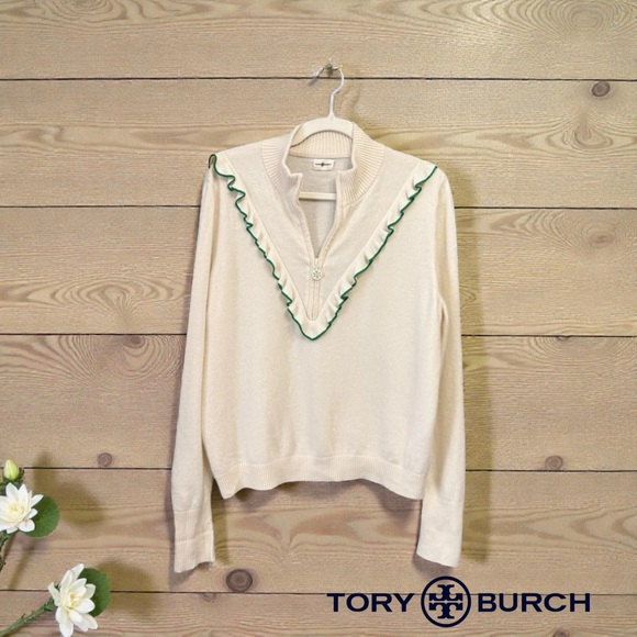 Tory Burch Sweaters - Tory Burch Cashmere Ruffle Trim Half-Zip Pullover Women’s Sweater New Ivory L